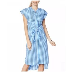 Evryday Jane Blue White Gingham Tie Waist Shirt Knee Length Cape Dress Large New